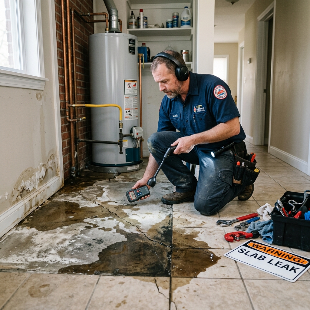Leak detection technician checking slab and irrigation leak in Celina TX new construction home