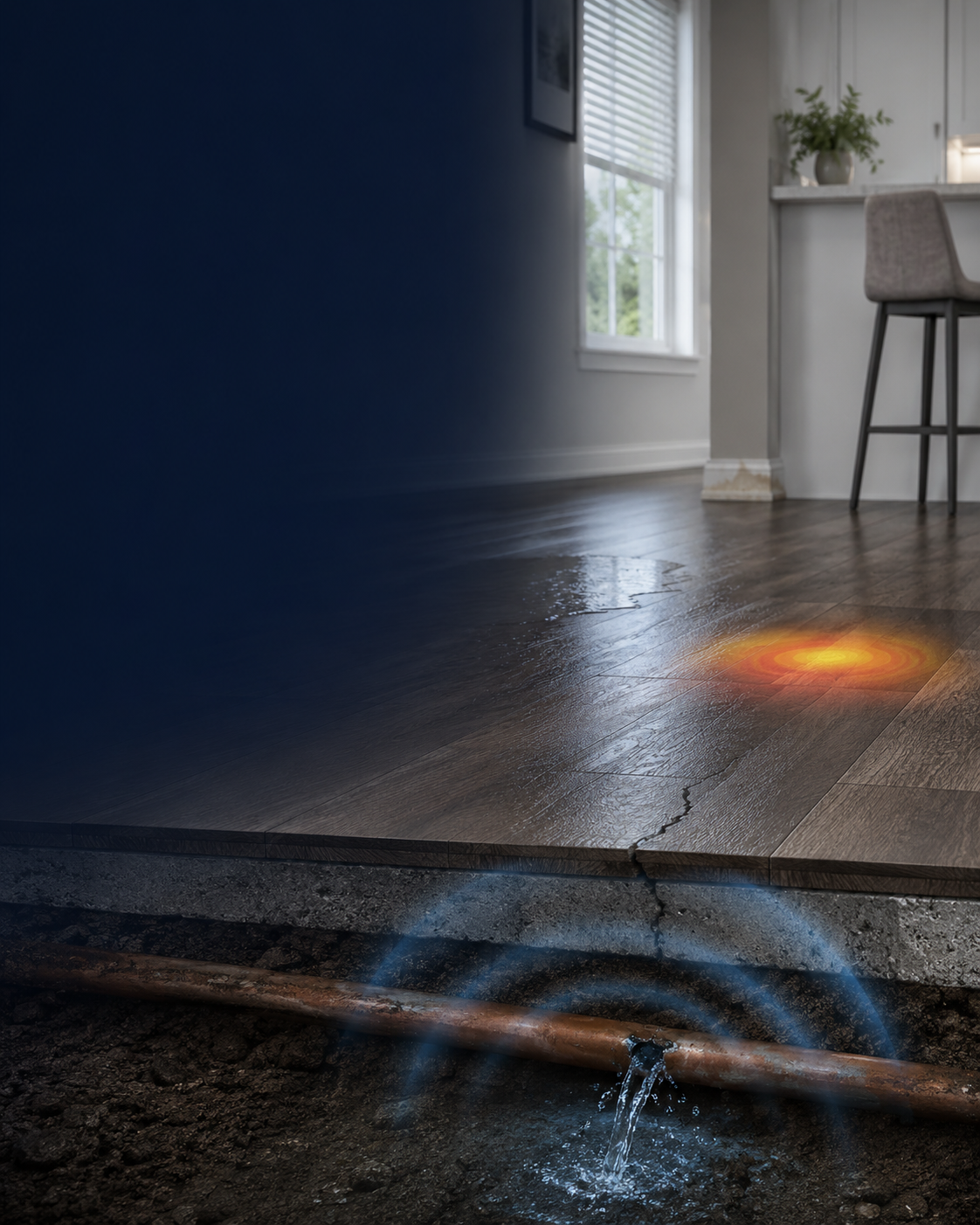 Technician inspecting slab leak warning signs in McKinney, TX home